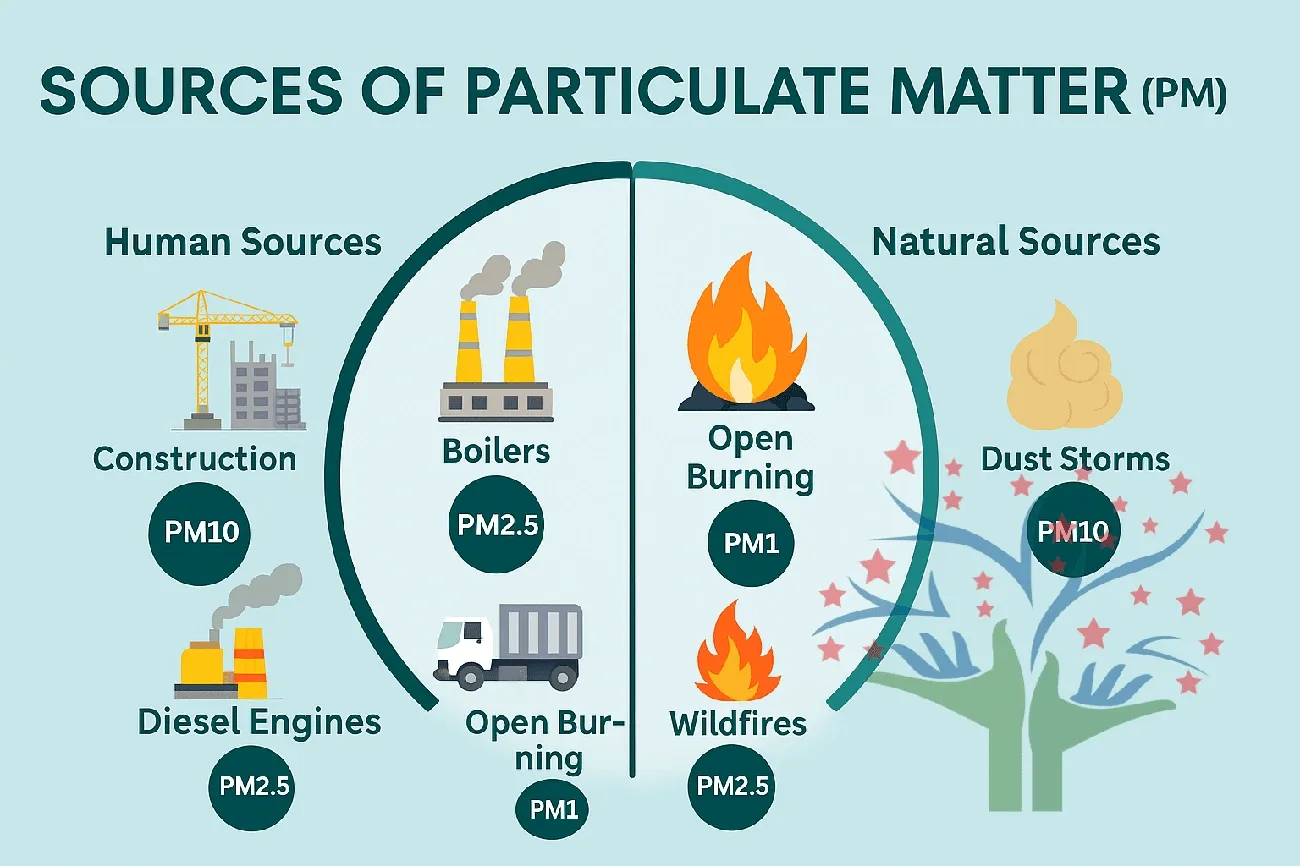 Diagram showing human and natural sources of particulate matter including construction, boilers, burning, wildfires, diesel engines, and dust storms.